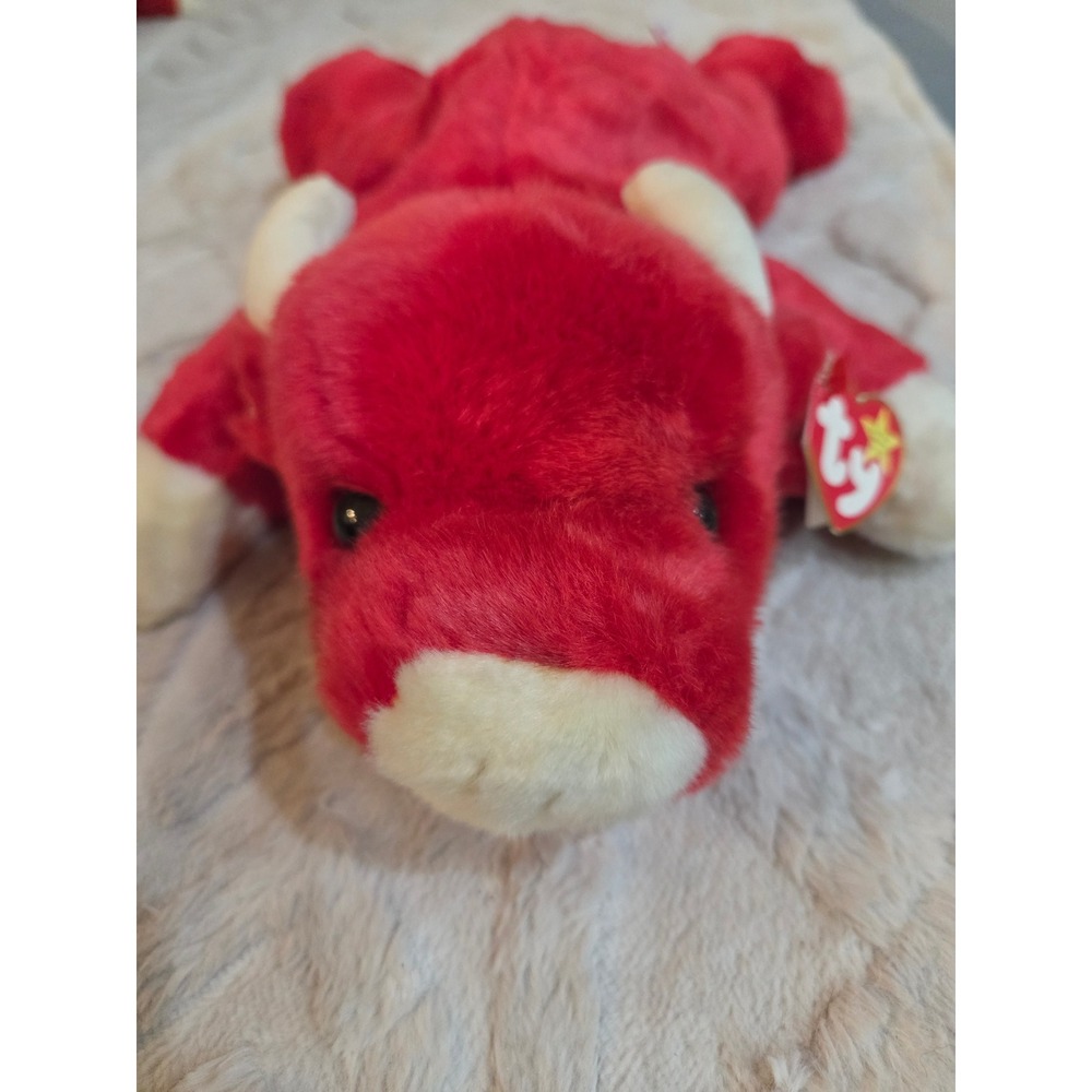 Large Ty Beanie Buddies Snort the Bull Red Plush Stuffed Animal 1998 14 inch